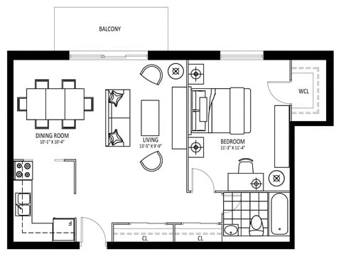 Floor plan for 1 bed, 1 bath, 734 sqft